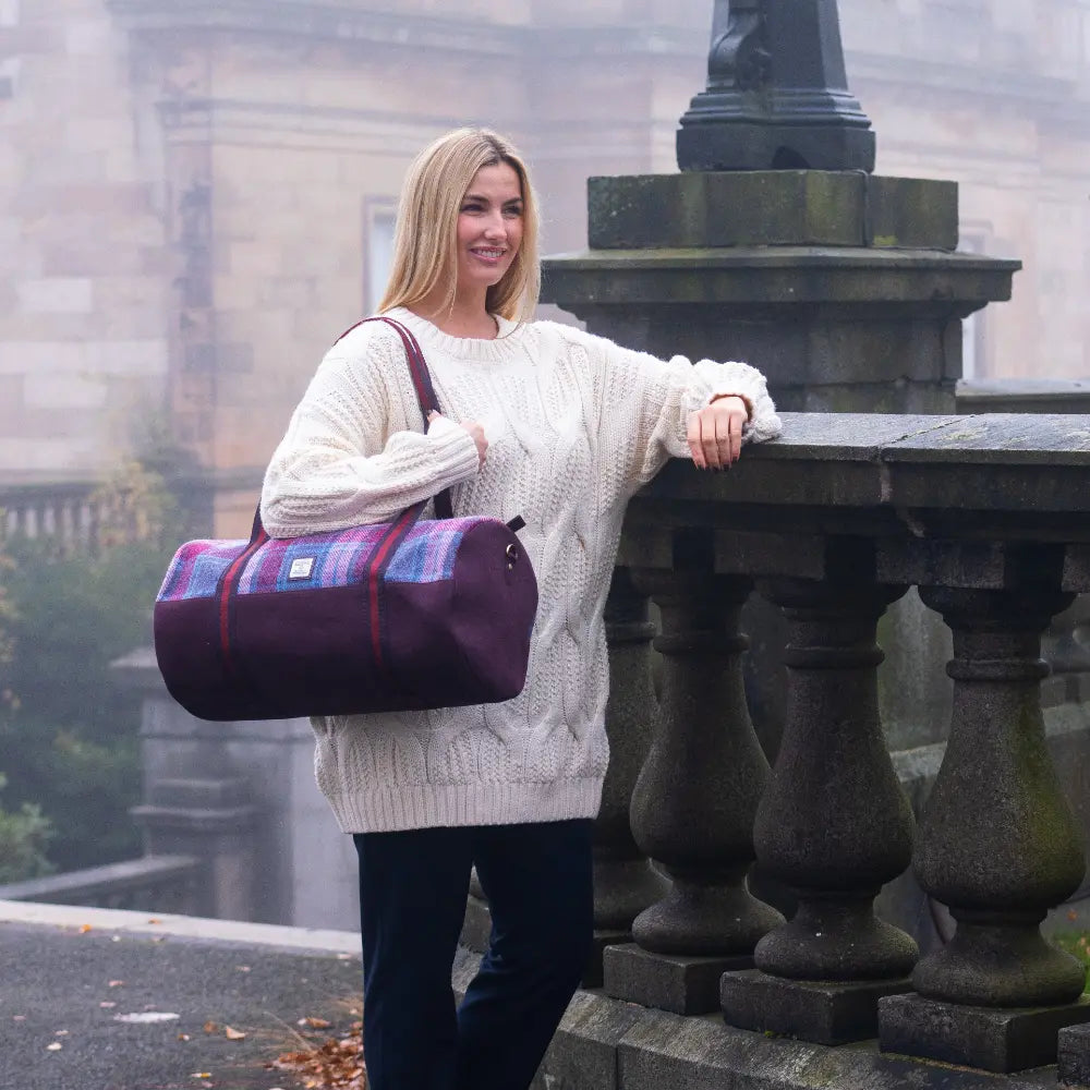 Harris Tweed barrel holdall — spacious Scottish travel gift in a range of Harris Tweed colours — colour close-up