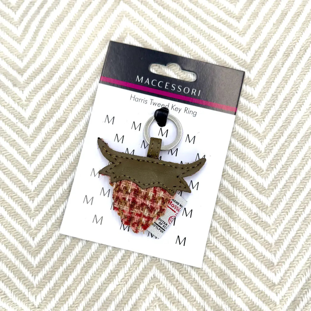 Harris Tweed Highland Coo keyring — unique Scottish gift in a range of Harris Tweed colours — styled product shot