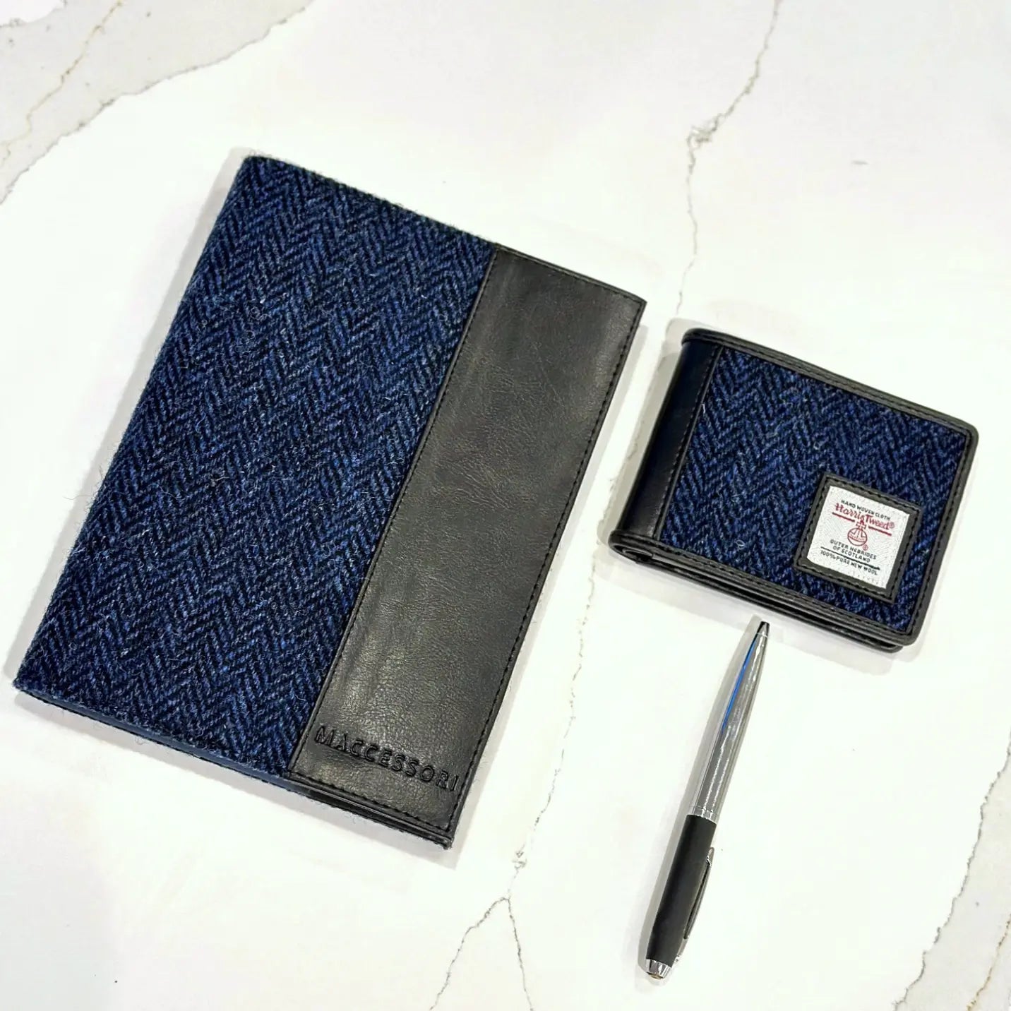 Harris Tweed notebook cover — stylish Scottish gift in a range of Harris Tweed colours — styled product shot