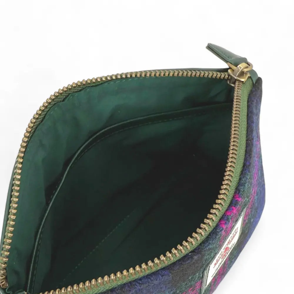 Harris Tweed cosmetic bag — practical Scottish gift in a range of Harris Tweed colours — in use