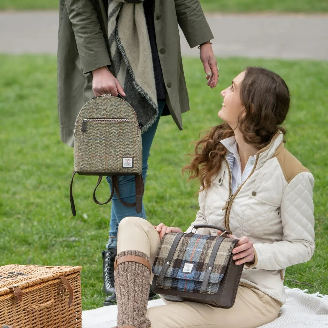 Harris Tweed Baby backpack — roomy Scottish gift in a range of Harris Tweed colours — in use