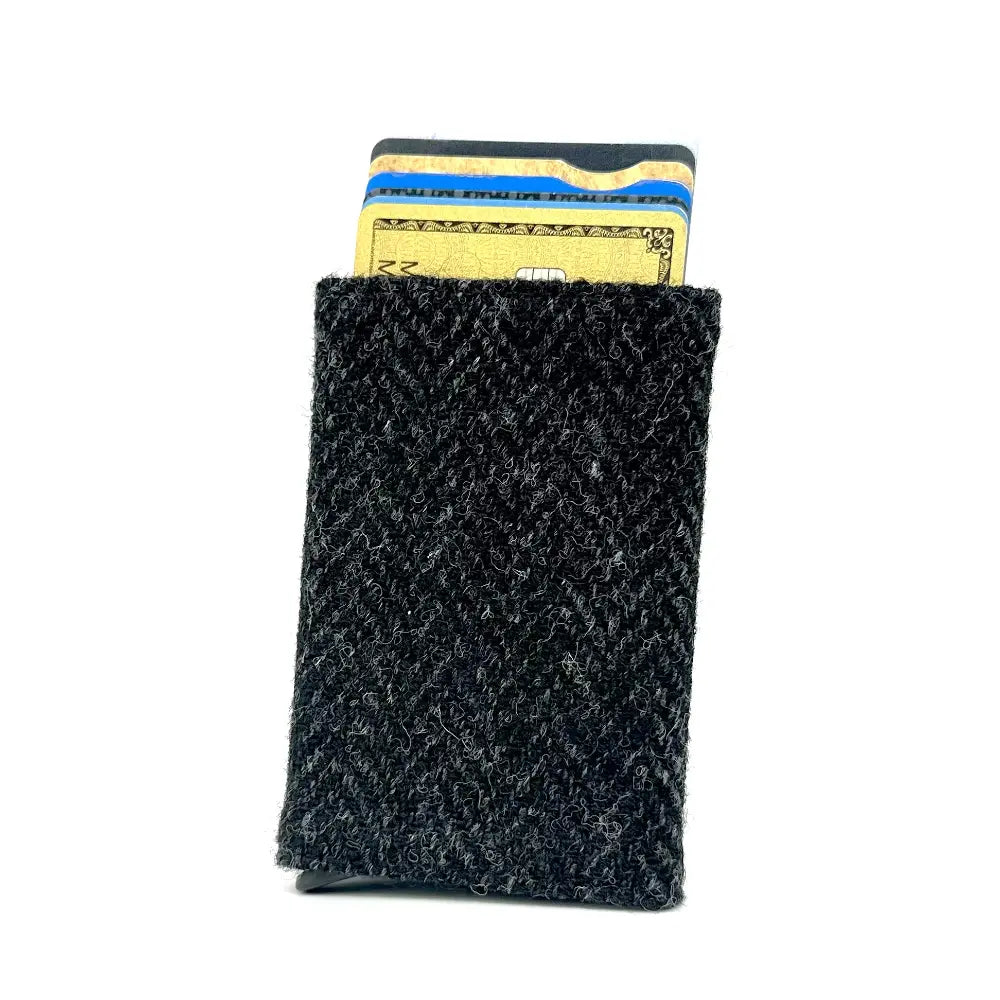 Harris Tweed pop up card holder — smart Scottish gift in a range of Harris Tweed colours — in use