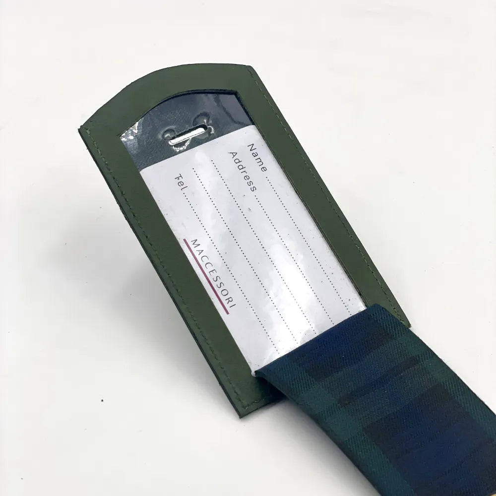 Italian leather luggage tag from Maccessori — quality travel gift — flat lay