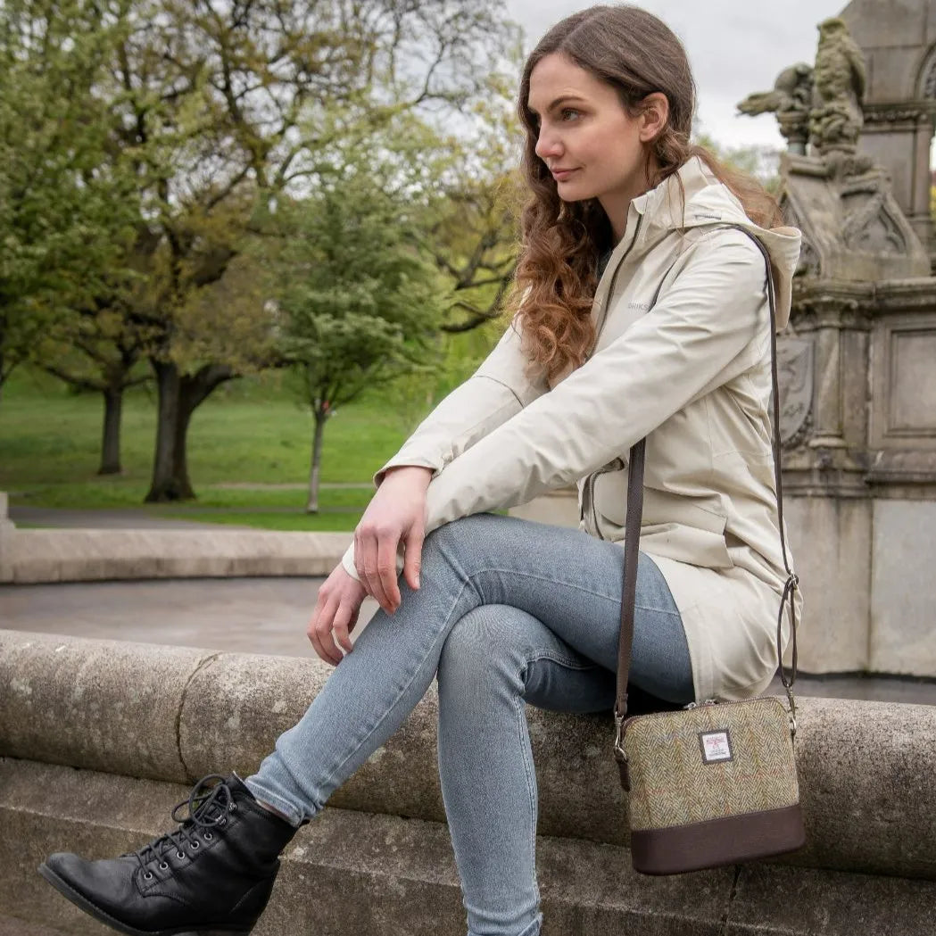 Harris Tweed square shoulder bag — chic Scottish gift in a range of Harris Tweed colours — flat lay