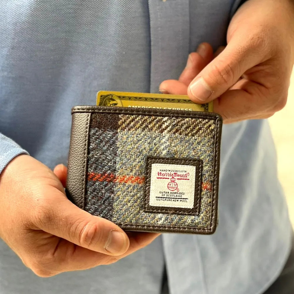 Harris Tweed bifold wallet — stylish Scottish gift for men in a range of Harris Tweed colours — styled product shot
