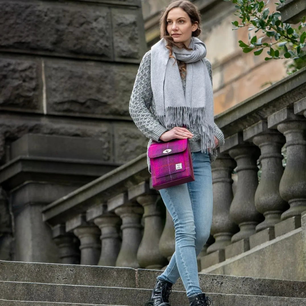 Harris Tweed satchel bag — timeless Scottish gift in a range of Harris Tweed colours — detail view