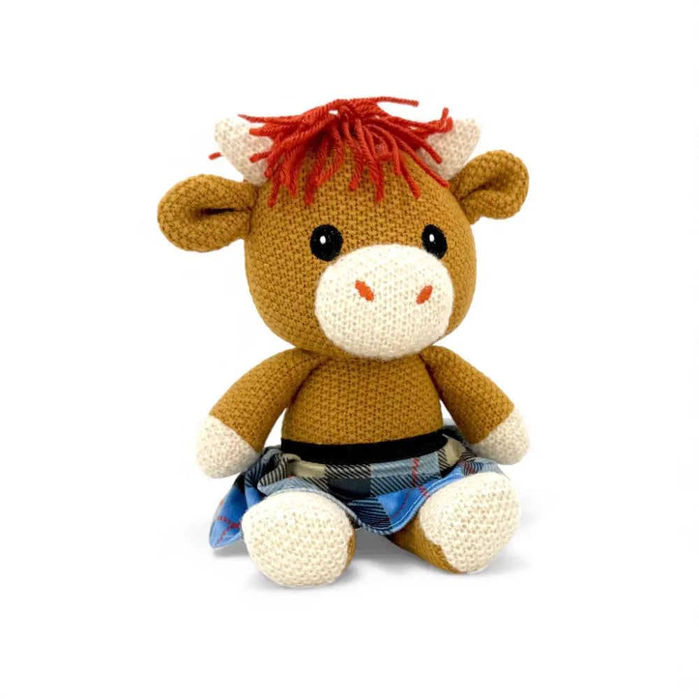 Knitted Highland Coo soft toy — Alfie the Highland Coo — colour close-up