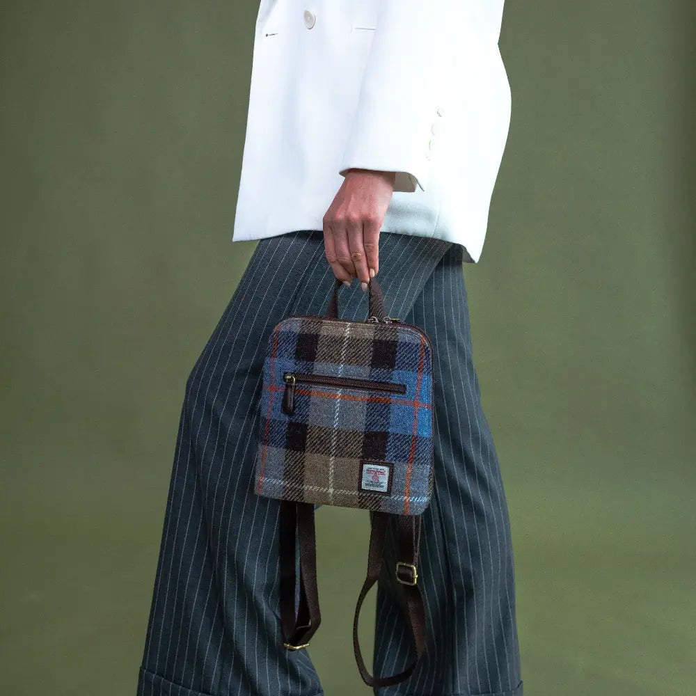 Harris Tweed mini backpack — compact Scottish gift in a range of Harris Tweed colours — in use