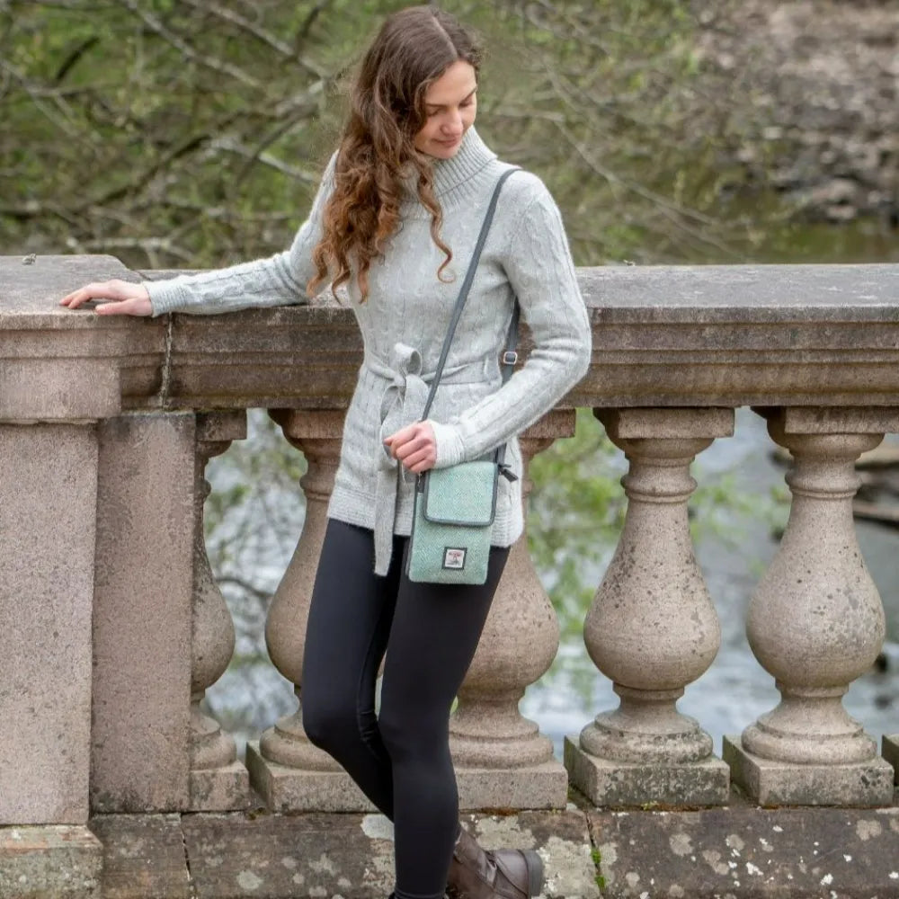 Harris Tweed mini crossbody bag — compact Scottish gift in a range of Harris Tweed colours — in use