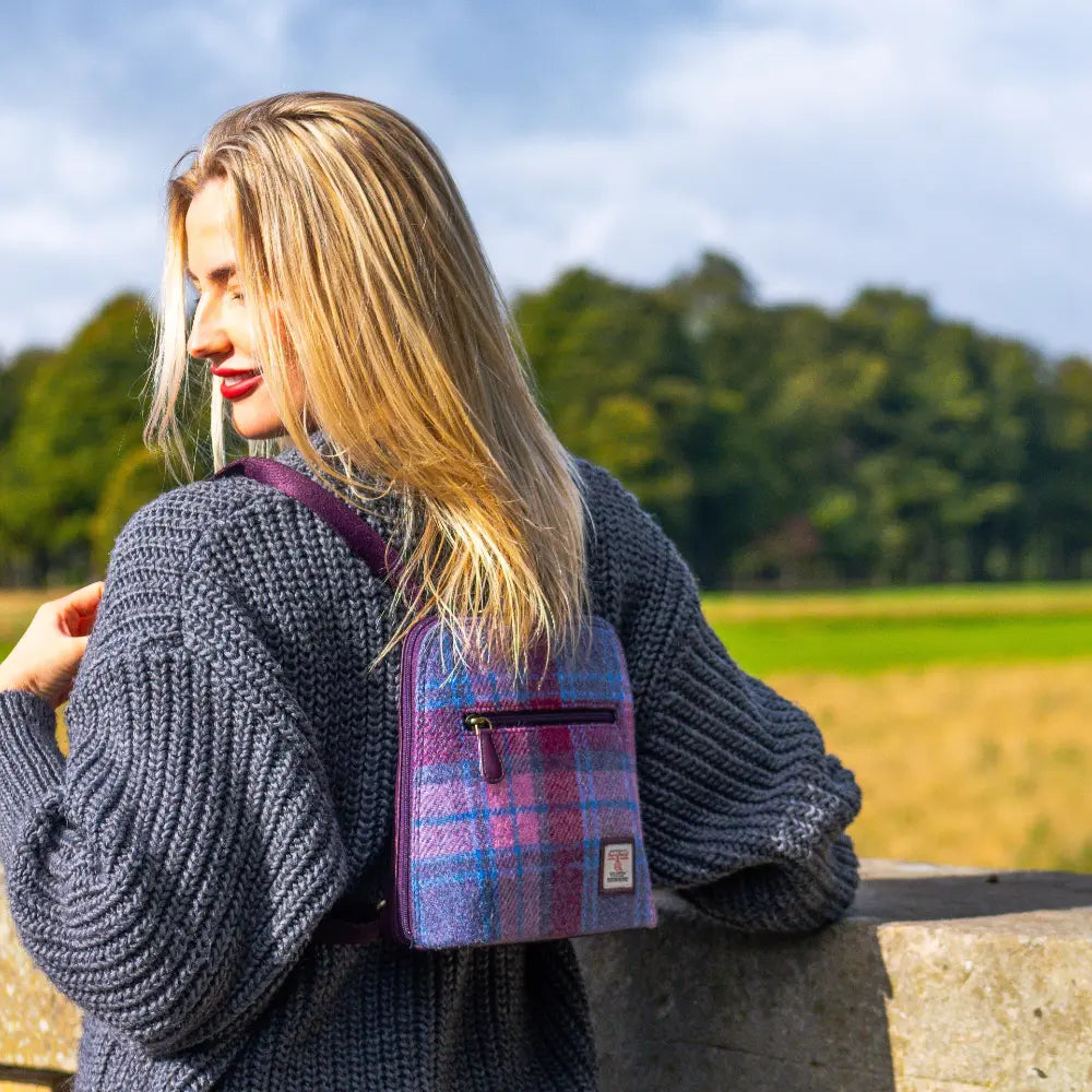 Harris Tweed mini backpack — compact Scottish gift in a range of Harris Tweed colours — flat lay
