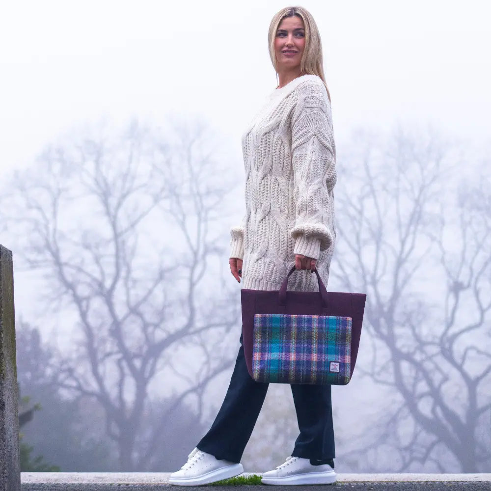Harris Tweed travel messenger bag — practical Scottish gift in a range of Harris Tweed colours — close-up detail
