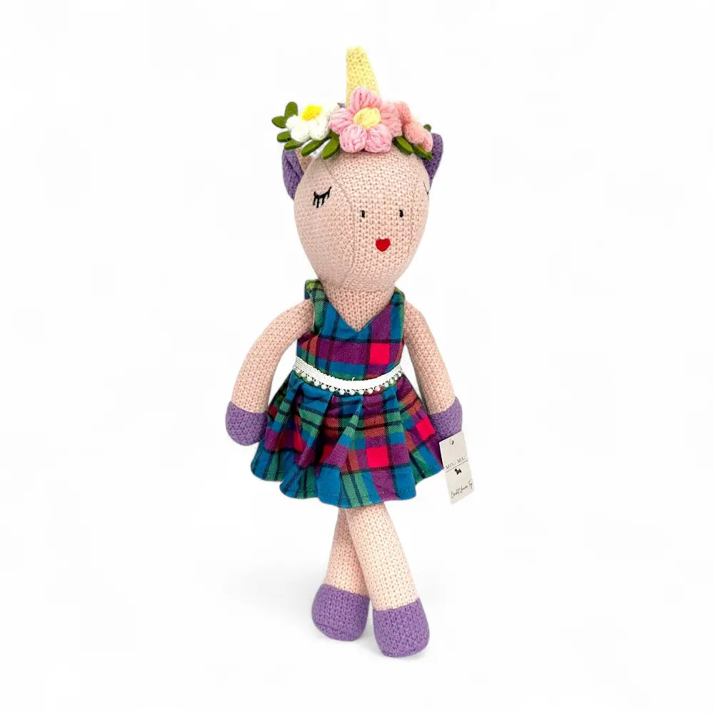 Knitted unicorn soft toy — Annie the Unicorn Scottish gift — styled product shot