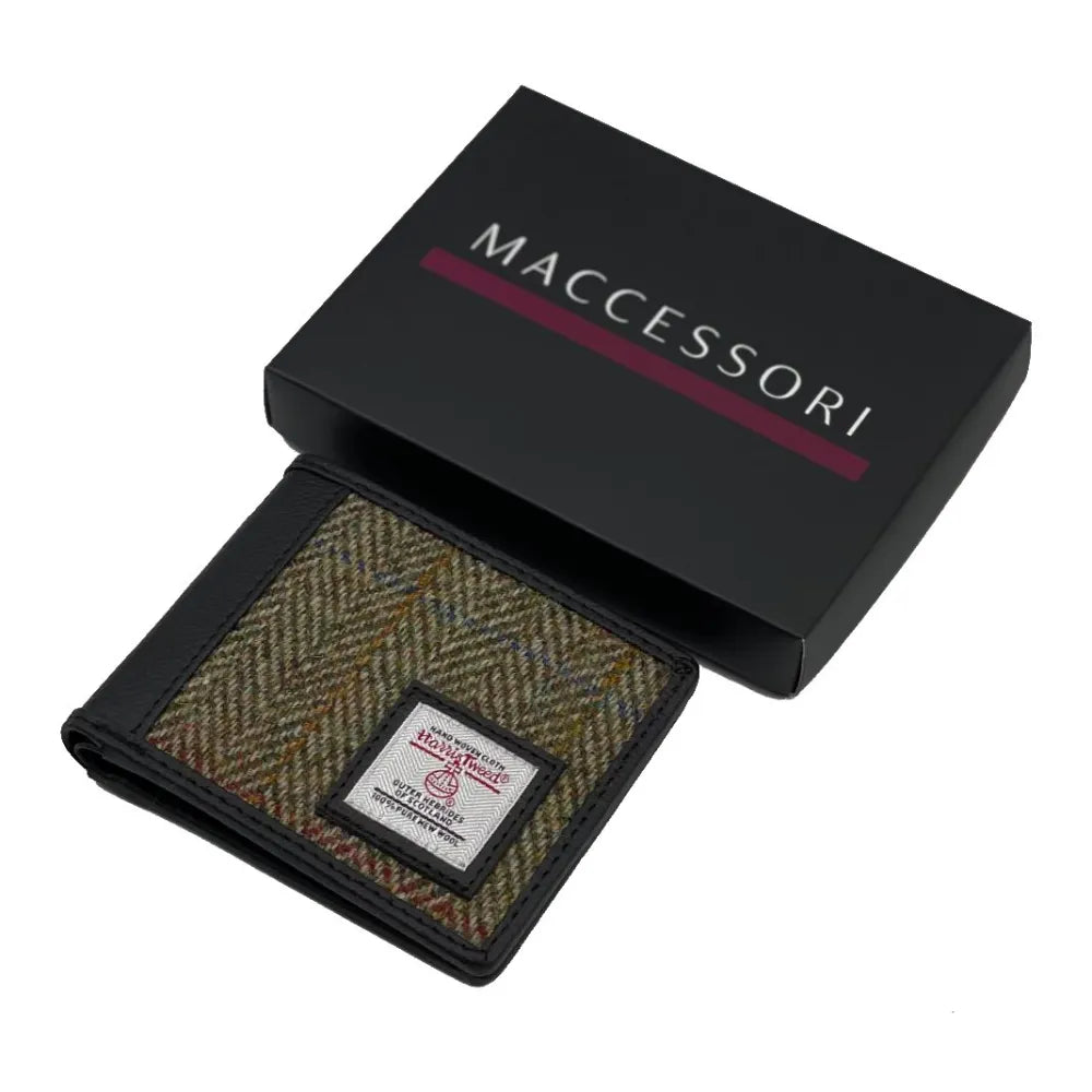 Harris Tweed bifold wallet — stylish Scottish gift for men in a range of Harris Tweed colours — in use