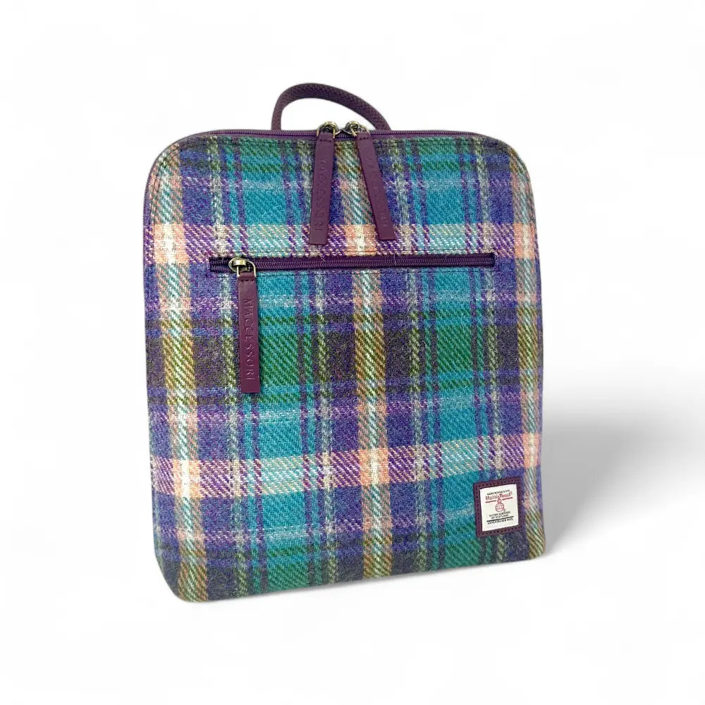 Harris Tweed backpack — stylish Scottish gift in a range of Harris Tweed colours — flat lay detail