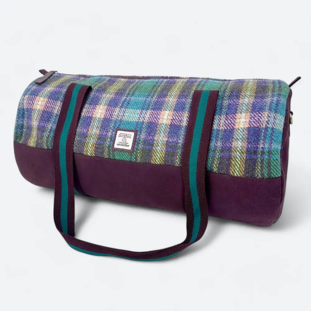 Harris Tweed barrel holdall — spacious Scottish travel gift in a range of Harris Tweed colours — angle view