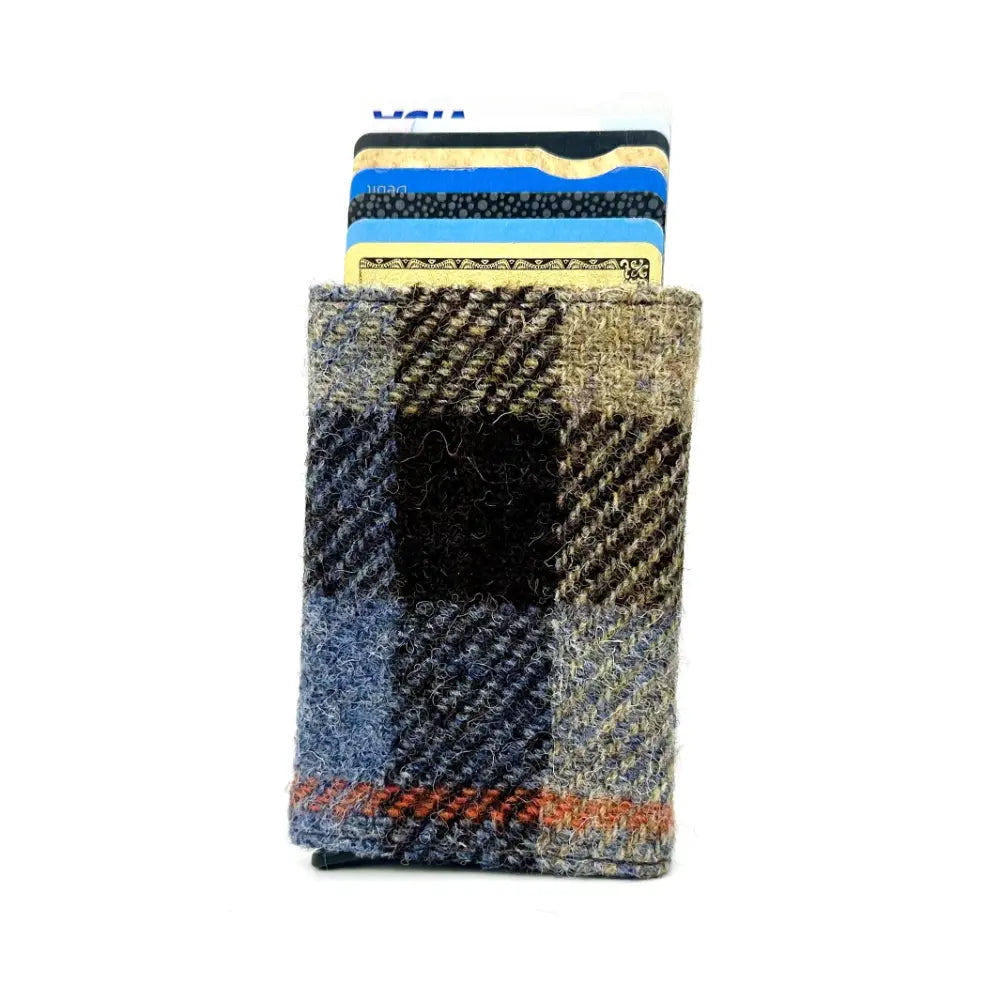 Harris Tweed pop up card holder — smart Scottish gift in a range of Harris Tweed colours — flat lay detail