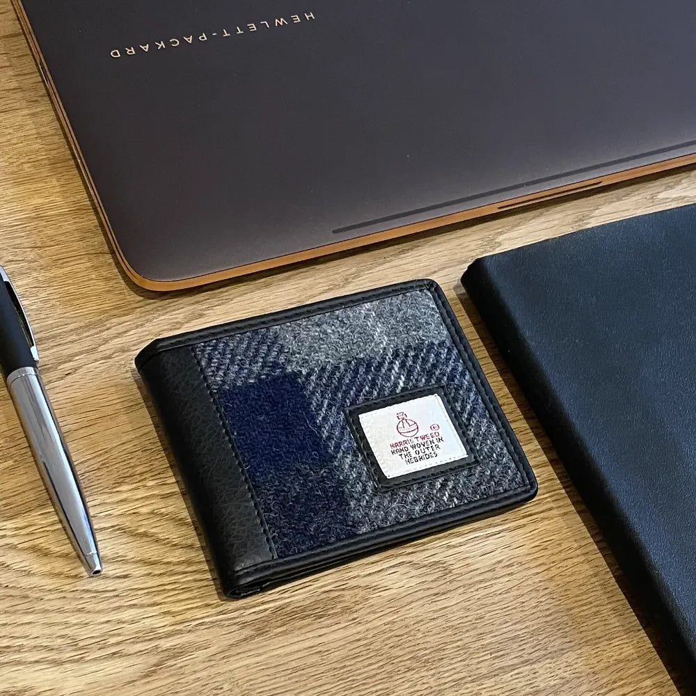 Harris Tweed bifold wallet — stylish Scottish gift for men in a range of Harris Tweed colours — flat lay