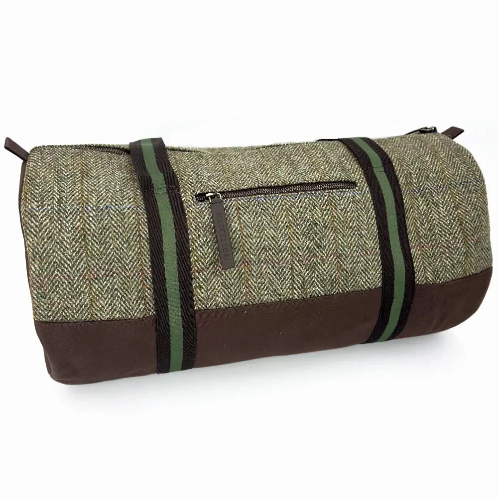 Harris Tweed barrel holdall — spacious Scottish travel gift in a range of Harris Tweed colours — in use