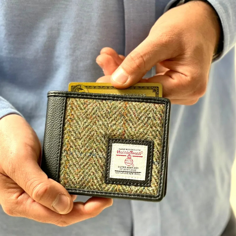 Harris Tweed trifold wallet — practical Scottish gift for men in a range of Harris Tweed colours — in use