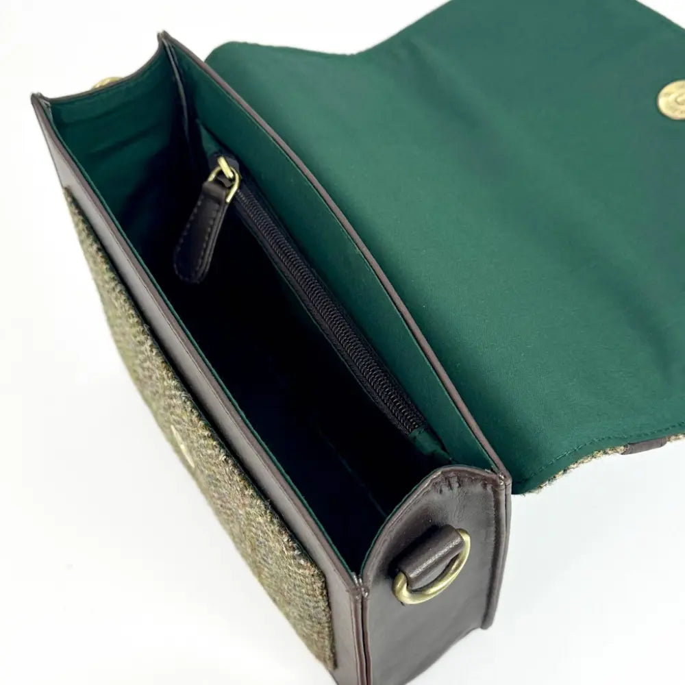 Harris Tweed mini messenger bag — everyday Scottish gift in a range of Harris Tweed colours — in use