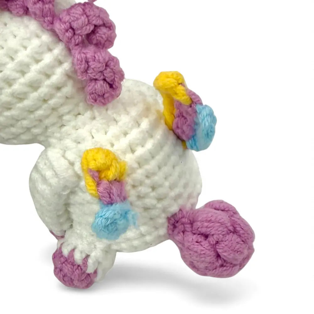 Knitted unicorn keychain — Annie the Unicorn Scottish gift — flat lay