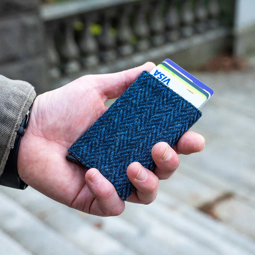 Harris Tweed pop up card holder — smart Scottish gift in a range of Harris Tweed colours — colour close-up