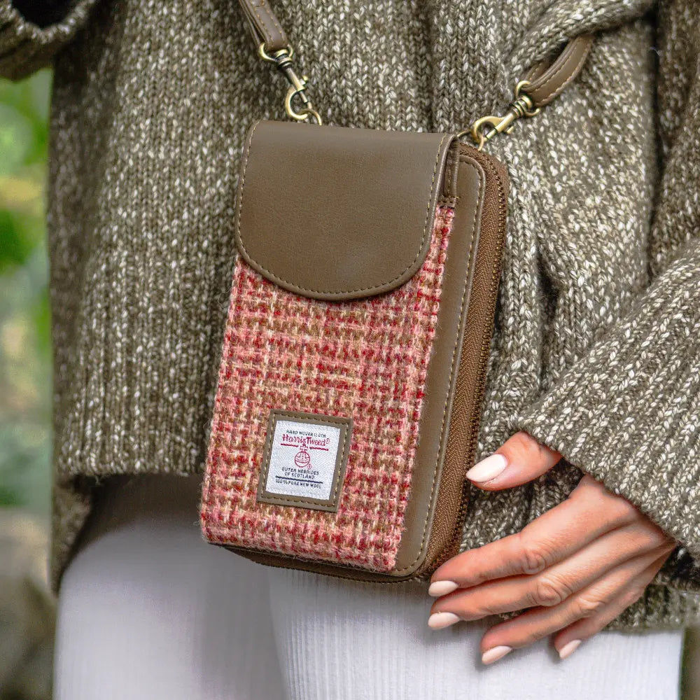 Harris Tweed phone purse — practical Scottish gift in a range of Harris Tweed colours — lifestyle photo