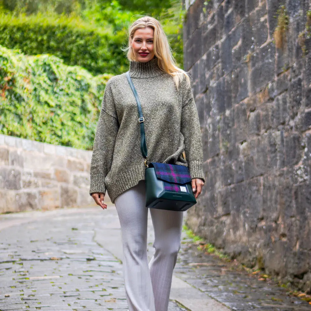 Harris Tweed Highland messenger bag — classic Scottish gift in a range of Harris Tweed colours — flat lay
