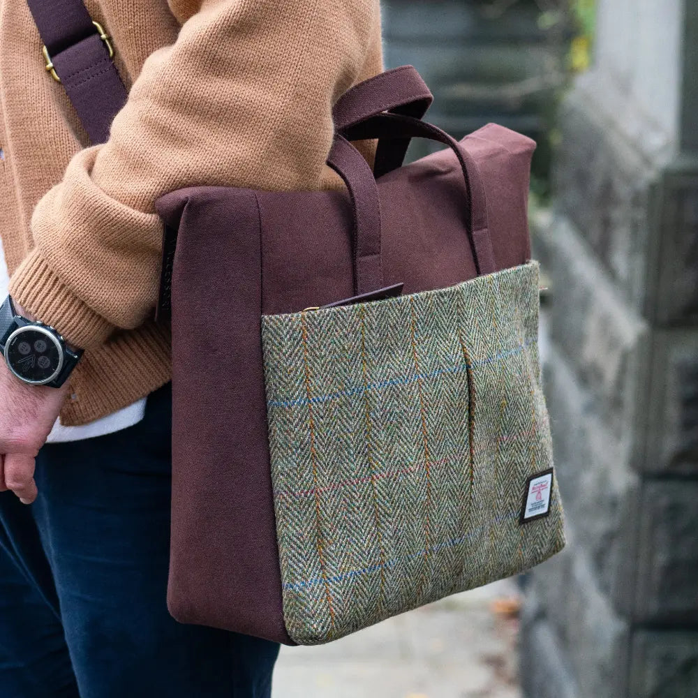 Harris Tweed travel messenger bag — practical Scottish gift in a range of Harris Tweed colours — lifestyle shot