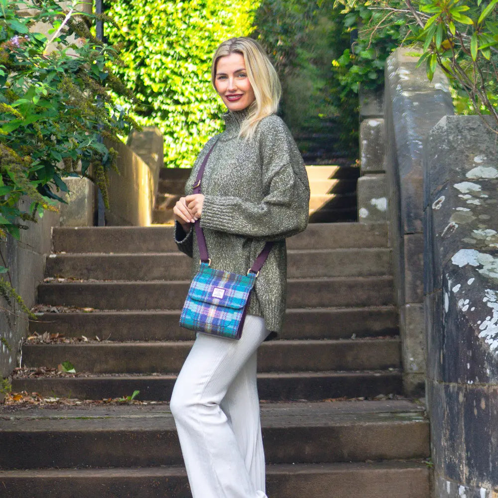 Harris Tweed medium satchel — classic Scottish gift in a range of Harris Tweed colours — flat lay