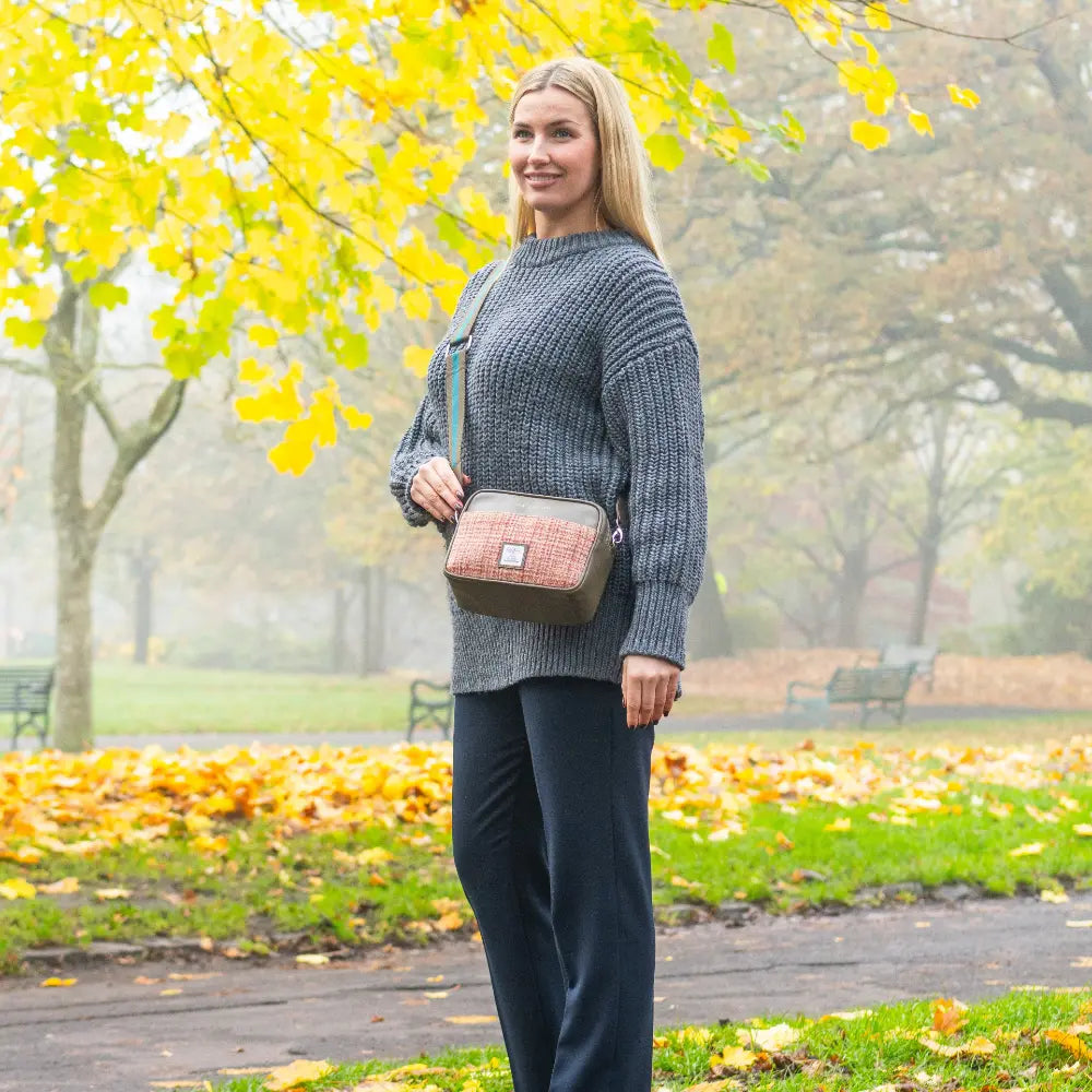 Harris Tweed camera bag — stylish Scottish gift in a range of Harris Tweed colours — in use