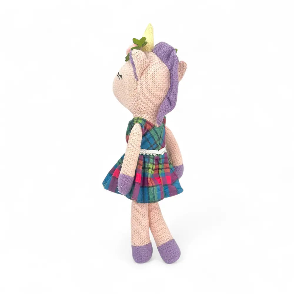 Knitted unicorn soft toy — Annie the Unicorn Scottish gift — flat lay