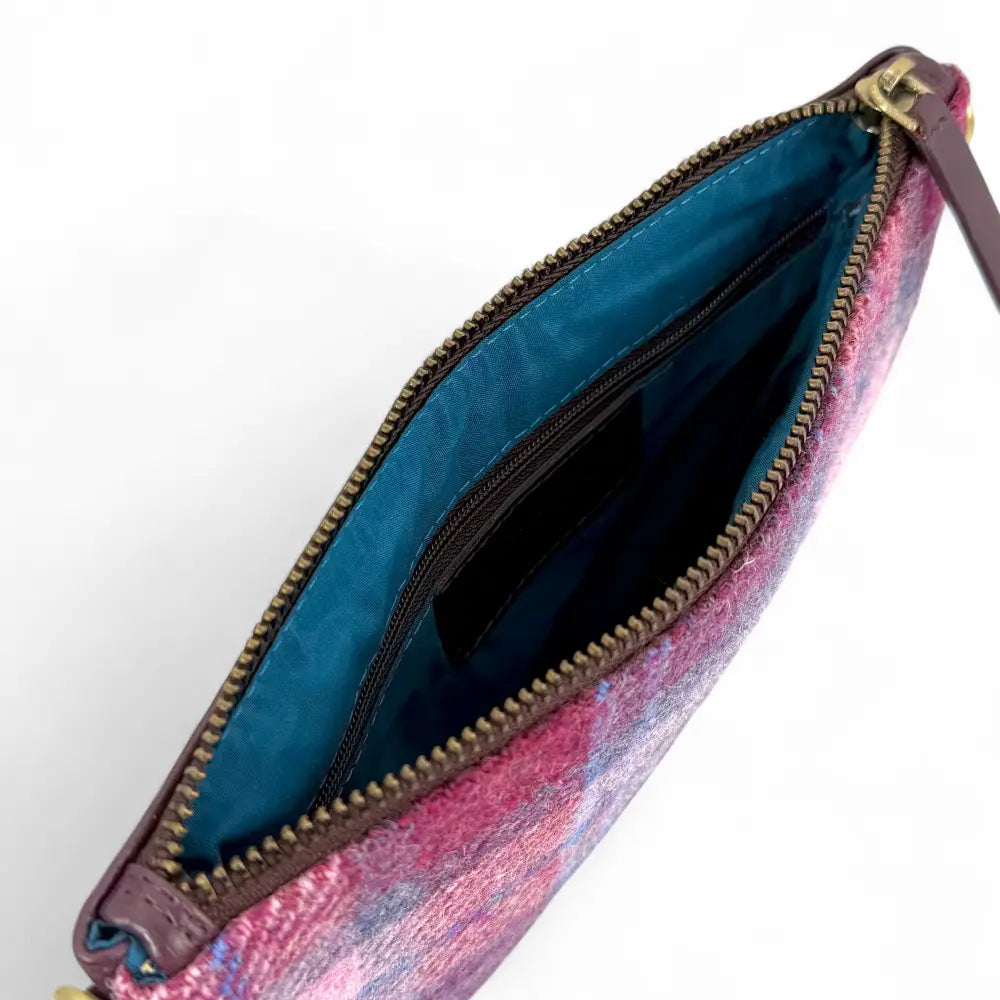 Harris Tweed zip purse bag — compact Scottish gift in a range of Harris Tweed colours — in use