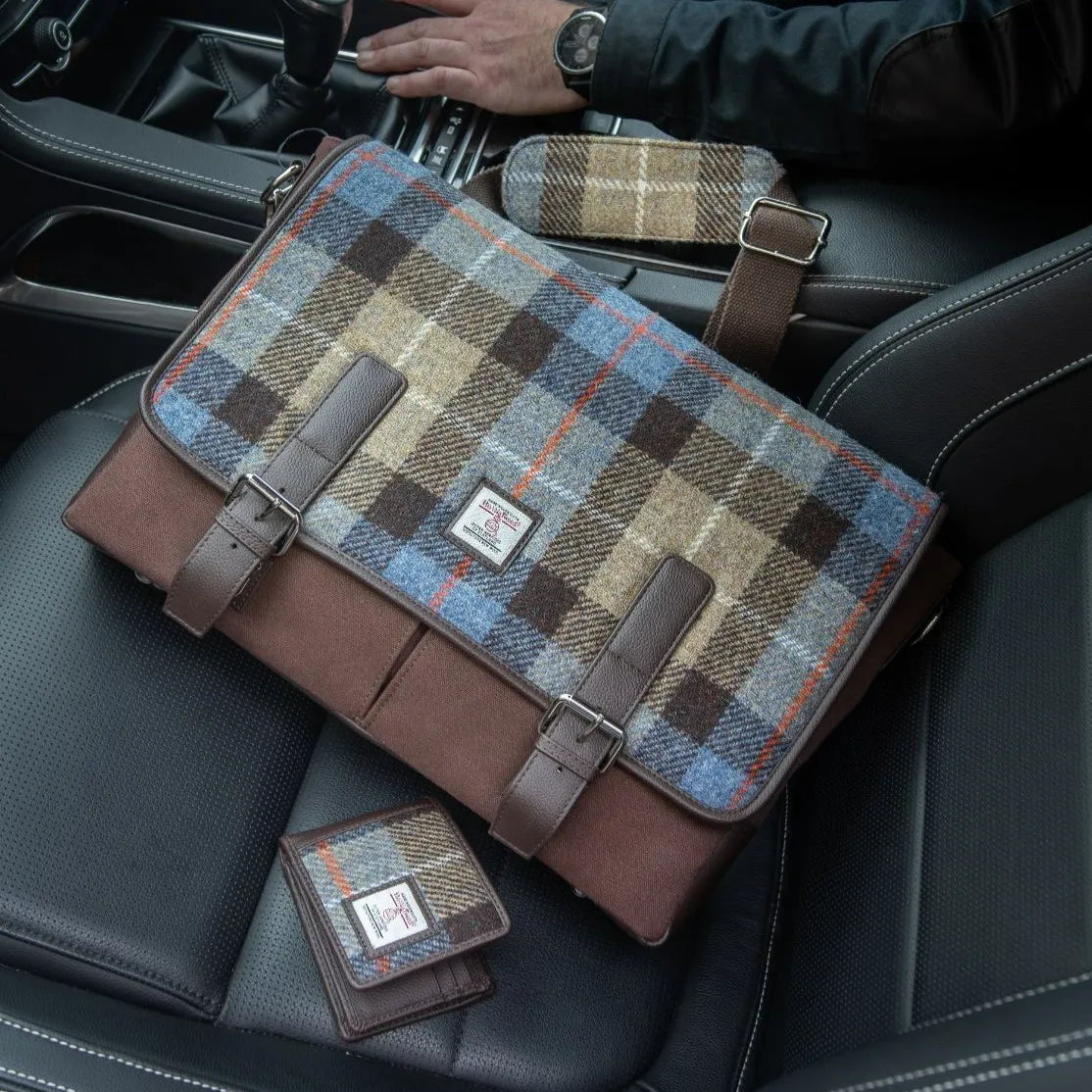 Harris Tweed trifold wallet — practical Scottish gift for men in a range of Harris Tweed colours — flat lay