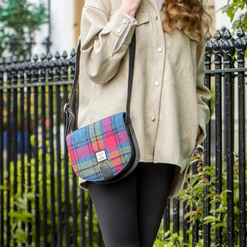 Harris Tweed crossbody bag — hands-free Scottish gift in a range of Harris Tweed colours — lifestyle photo