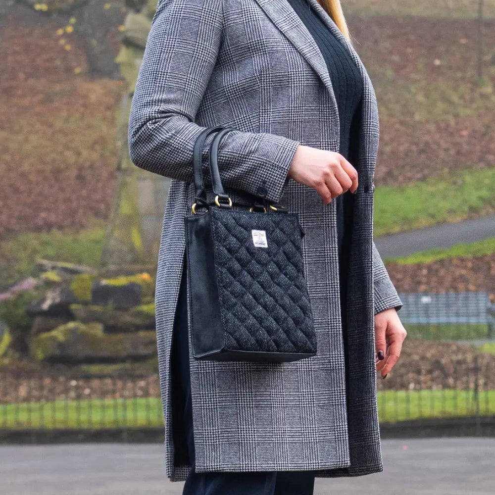 Harris Tweed quilt mini tote bag — stylish Scottish gift in a range of Harris Tweed colours — lifestyle photo