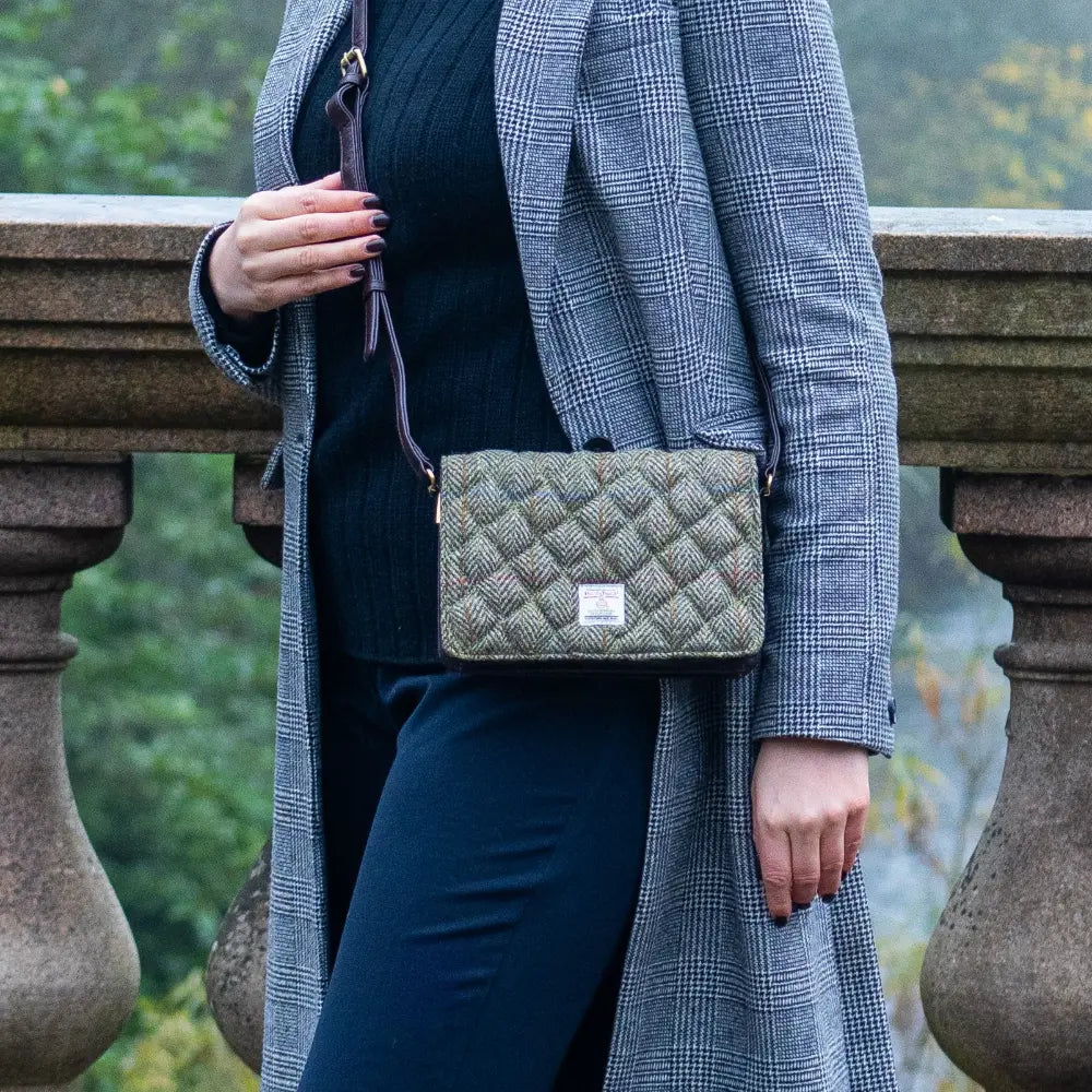 Harris Tweed quilt shoulder bag — textured Scottish gift in a range of Harris Tweed colours — lifestyle photo