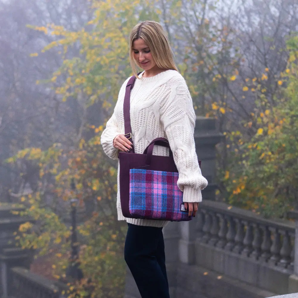 Harris Tweed travel messenger bag — practical Scottish gift in a range of Harris Tweed colours — colour close-up
