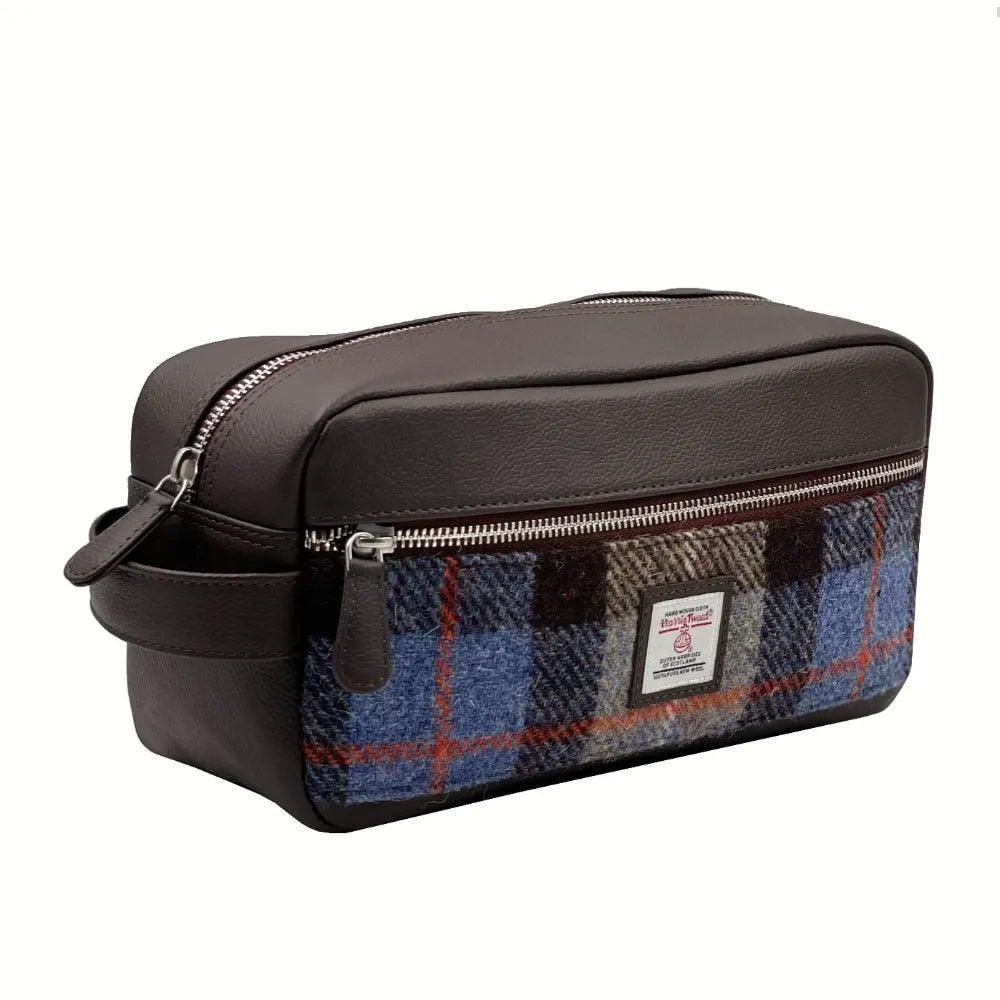 HARRIS TWEED WASH BAG - Blue/Brown Check image