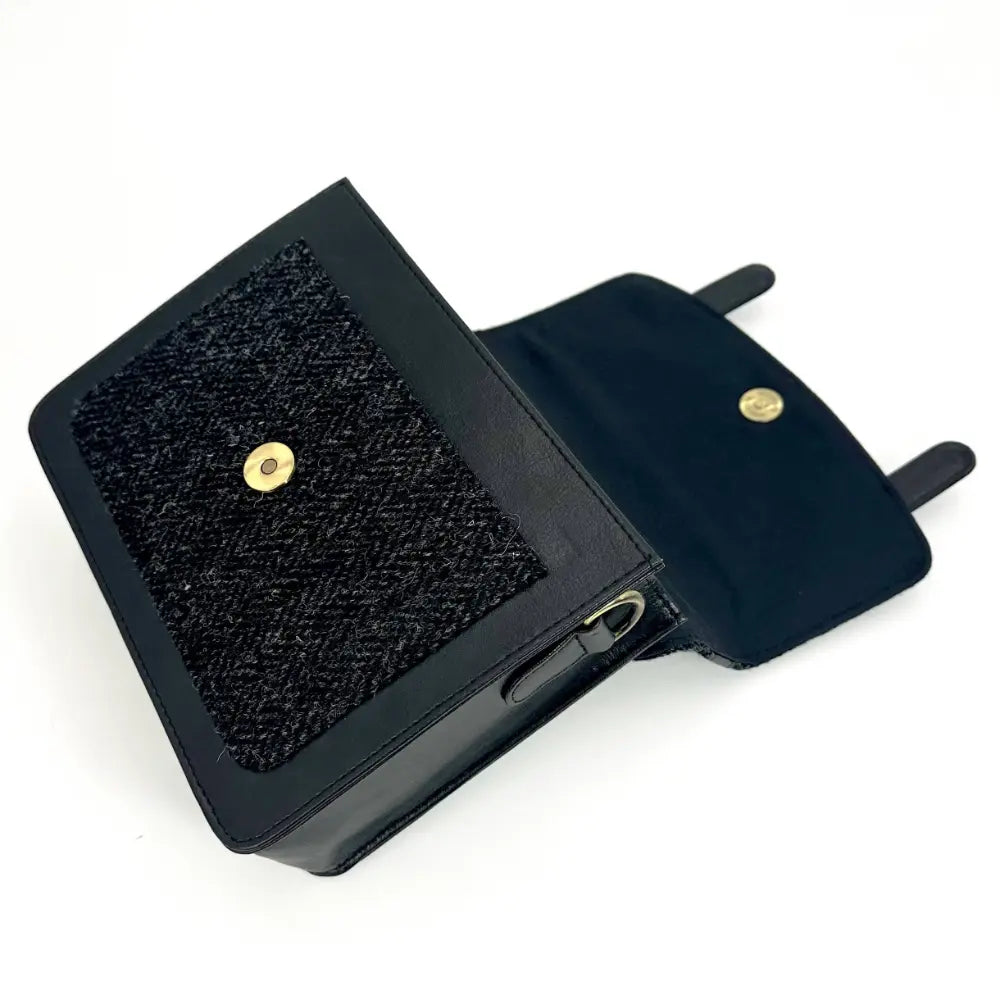 Harris Tweed mini messenger bag — everyday Scottish gift in a range of Harris Tweed colours — flat lay
