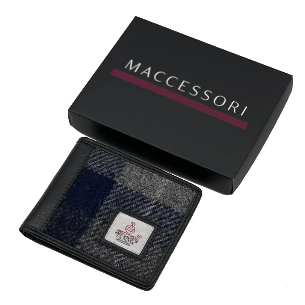 Harris Tweed trifold wallet — practical Scottish gift for men in a range of Harris Tweed colours — styled product shot