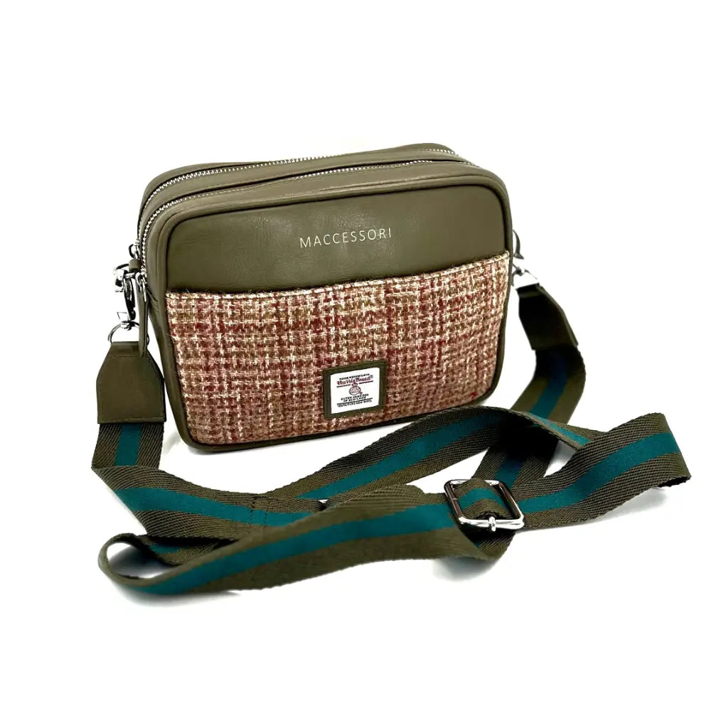 Harris Tweed camera bag — stylish Scottish gift in a range of Harris Tweed colours — flat lay detail