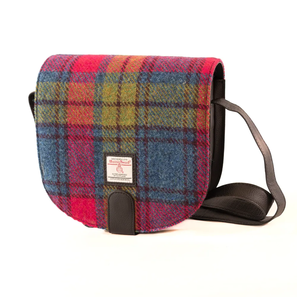 Small Cross Body Bag Blue/Pink Harris Tweed with long black vegan leather strap