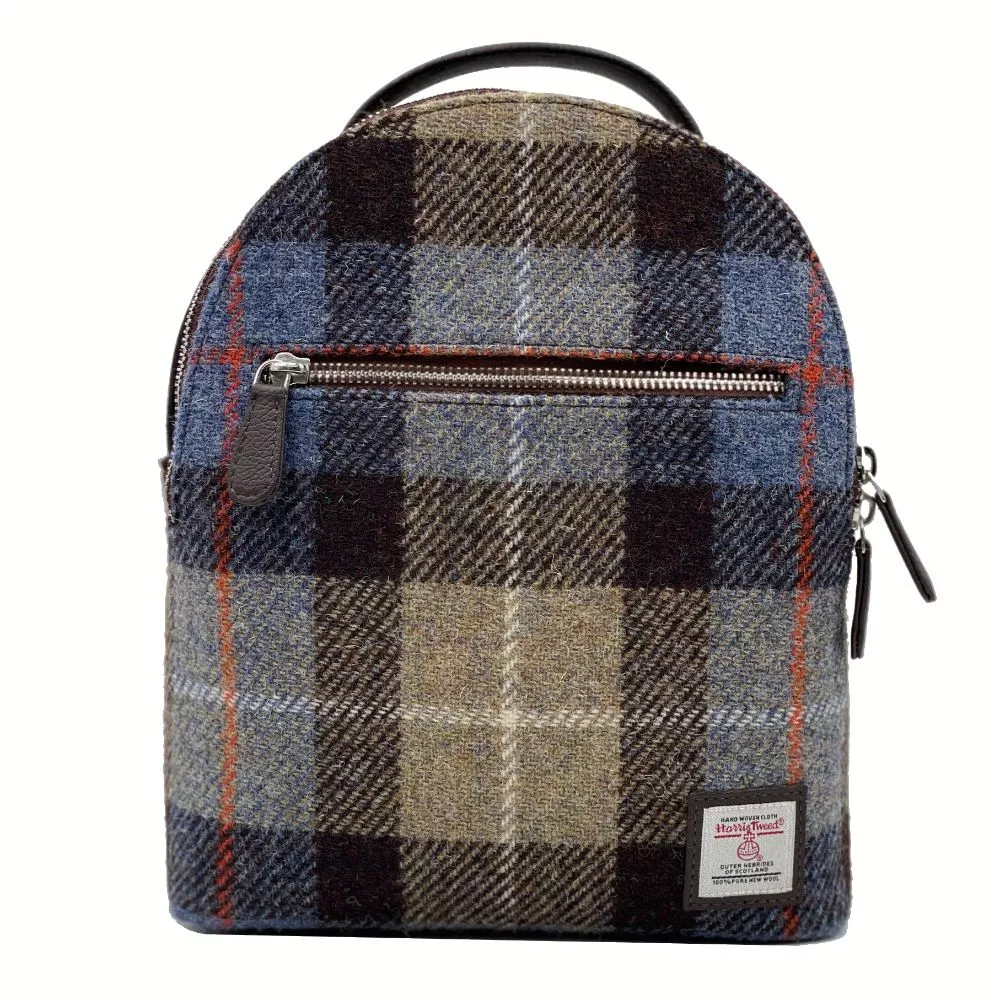 Blue Brown Tweed Check Backpack with front zip and vegan leather