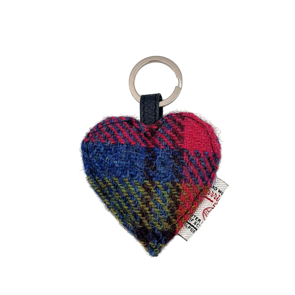 Blue Pink Heart Keyring with Genuine Harris Tweed label