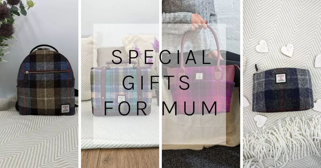 Handpicked gift ideas to make a special gift for mum for mother's day showing four Harris Tweed handbags