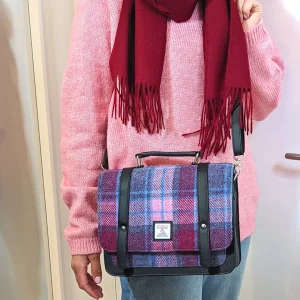 Mini Messenger Pastel Pink Harris Tweed with burgundy wool scarf