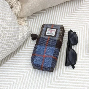 Glasses and Sunglasses Case with double zip in Blue Brown Harris Tweed