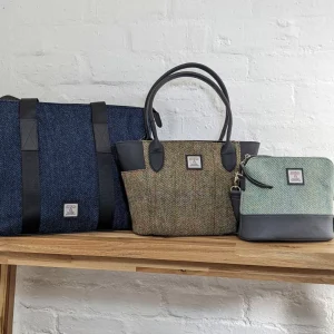 Herringbone Harris Tweed Handbags, L-R: Blue Shopper Bag, Country Green Tote Bag and Turquoise Square Shoulder Bag