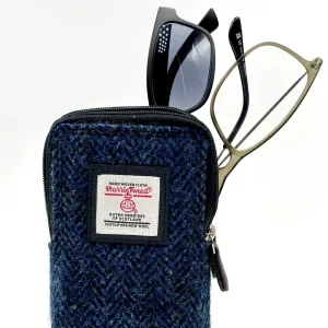 Double Glasses Sleeve Blue Herringbone Harris Tweed with two zipped pouches